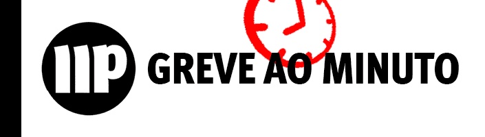 Black circular emblem with stylized letters inside, a red hand drawn clock above to the right, and bold black text GREVE AO MINUTO to the right on a white background; graphic used as an app icon supporting the strike, conveying urgency and mobilization